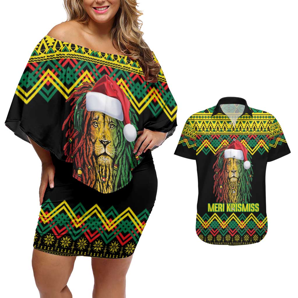 Jamaica Reggae Lion Christmas Couples Matching Off Shoulder Short Dress and Hawaiian Shirt Kente Pattern Meri Krismiss - Wonder Print Shop