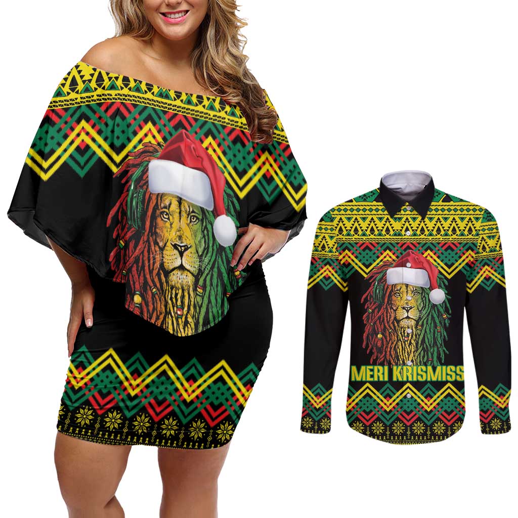Jamaica Reggae Lion Christmas Couples Matching Off Shoulder Short Dress and Long Sleeve Button Shirt Kente Pattern Meri Krismiss - Wonder Print Shop