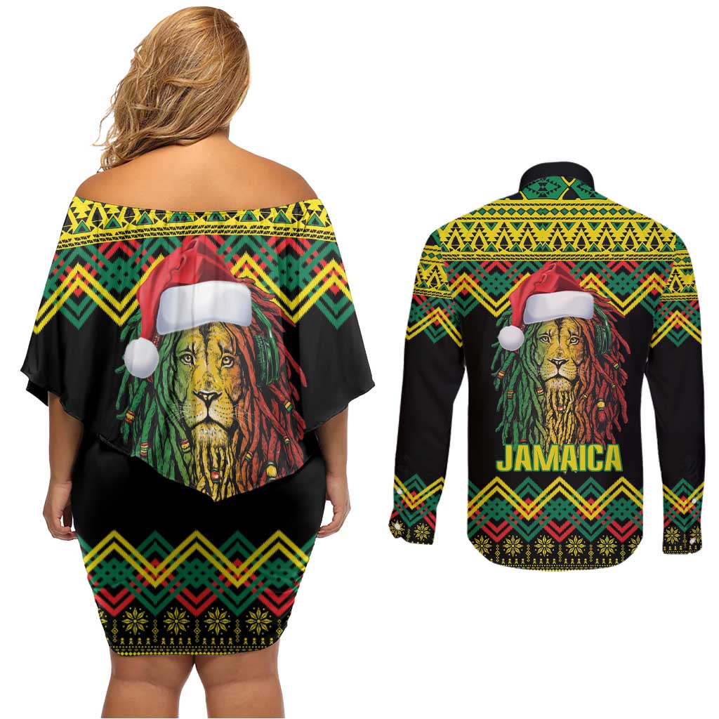 Jamaica Reggae Lion Christmas Couples Matching Off Shoulder Short Dress and Long Sleeve Button Shirt Kente Pattern Meri Krismiss - Wonder Print Shop