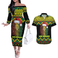 Jamaica Reggae Lion Christmas Couples Matching Off The Shoulder Long Sleeve Dress and Hawaiian Shirt Kente Pattern Meri Krismiss - Wonder Print Shop