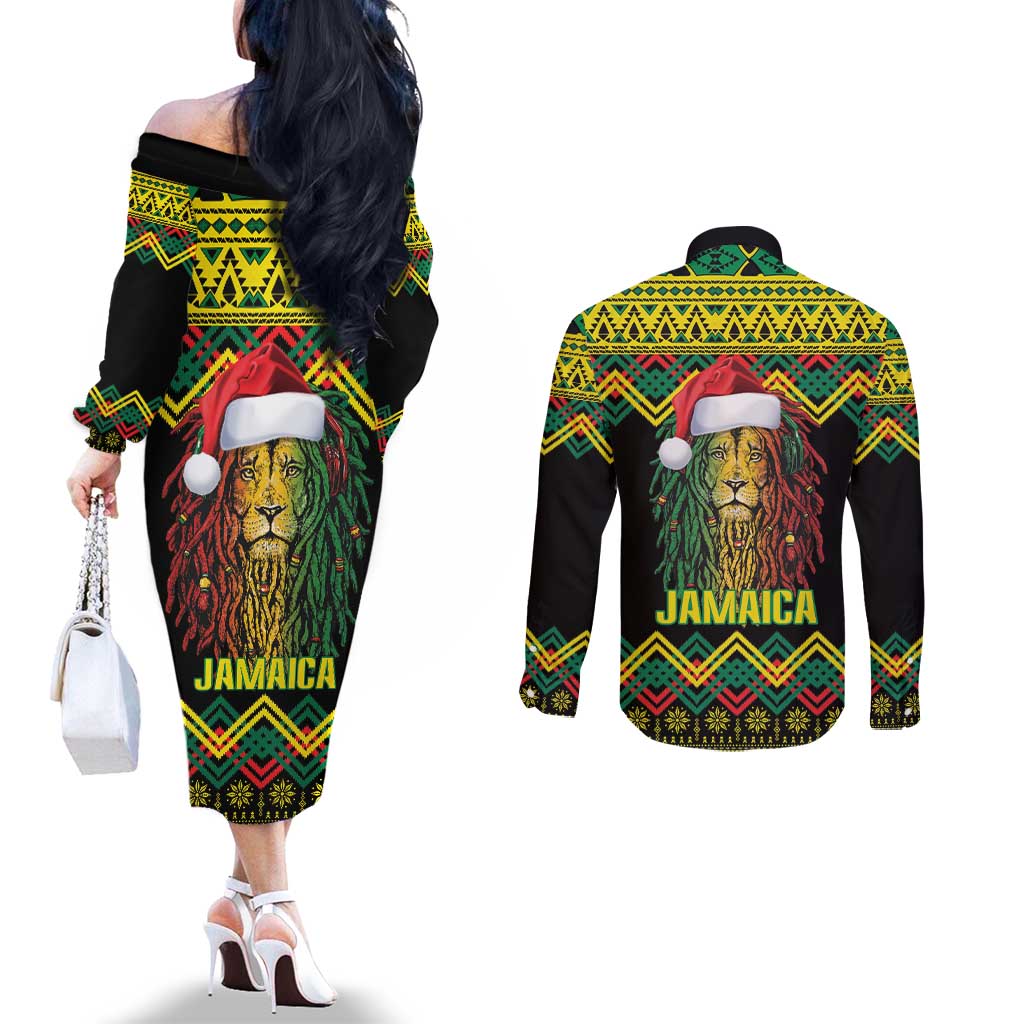 Jamaica Reggae Lion Christmas Couples Matching Off The Shoulder Long Sleeve Dress and Long Sleeve Button Shirt Kente Pattern Meri Krismiss