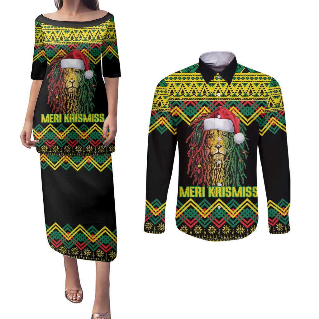 Jamaica Reggae Lion Christmas Couples Matching Puletasi and Long Sleeve Button Shirt Kente Pattern Meri Krismiss - Wonder Print Shop