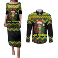 Jamaica Reggae Lion Christmas Couples Matching Puletasi and Long Sleeve Button Shirt Kente Pattern Meri Krismiss - Wonder Print Shop