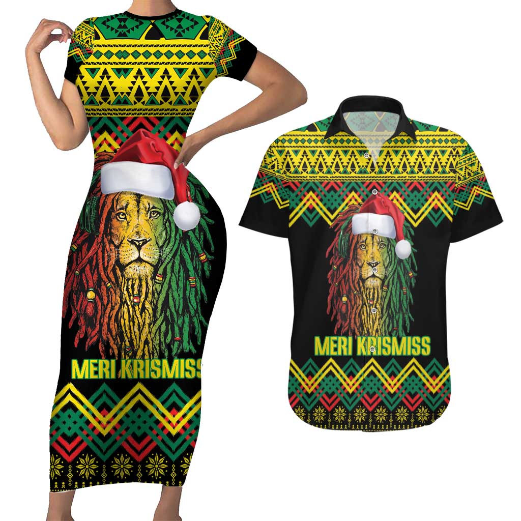 Jamaica Reggae Lion Christmas Couples Matching Short Sleeve Bodycon Dress and Hawaiian Shirt Kente Pattern Meri Krismiss - Wonder Print Shop