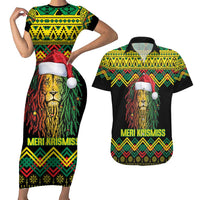 Jamaica Reggae Lion Christmas Couples Matching Short Sleeve Bodycon Dress and Hawaiian Shirt Kente Pattern Meri Krismiss - Wonder Print Shop