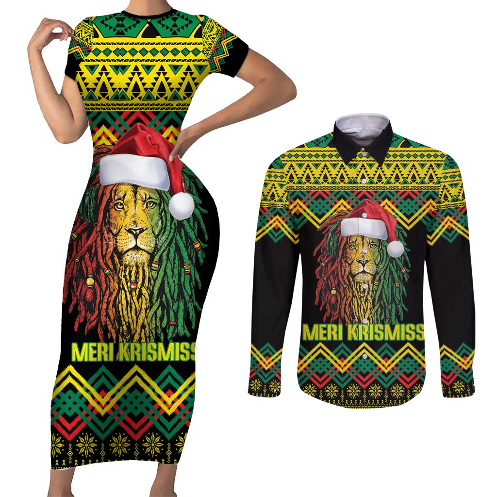 Jamaica Reggae Lion Christmas Couples Matching Short Sleeve Bodycon Dress and Long Sleeve Button Shirt Kente Pattern Meri Krismiss - Wonder Print Shop