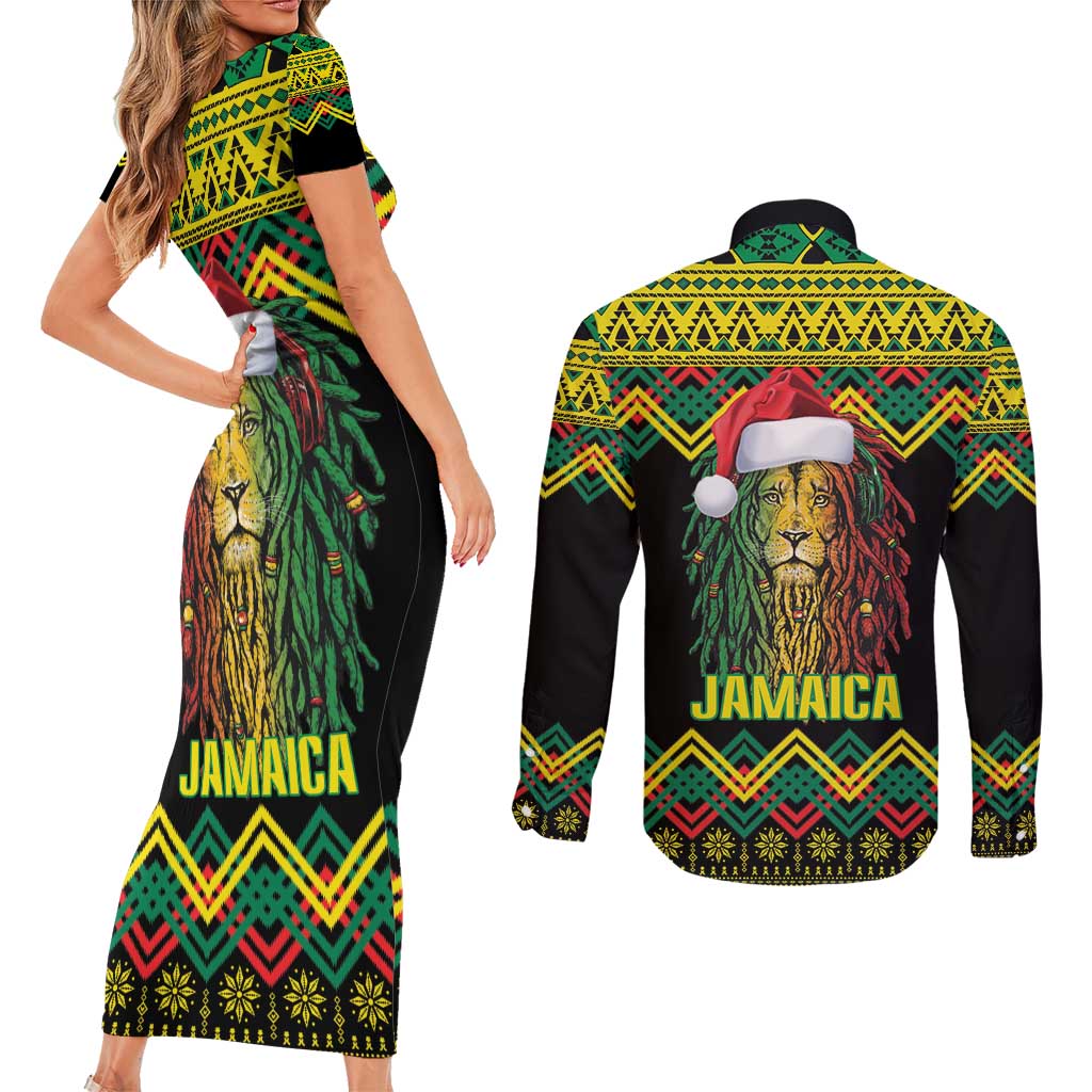 Jamaica Reggae Lion Christmas Couples Matching Short Sleeve Bodycon Dress and Long Sleeve Button Shirt Kente Pattern Meri Krismiss - Wonder Print Shop