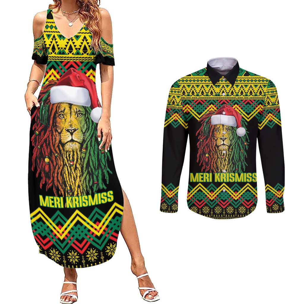 Jamaica Reggae Lion Christmas Couples Matching Summer Maxi Dress and Long Sleeve Button Shirt Kente Pattern Meri Krismiss - Wonder Print Shop