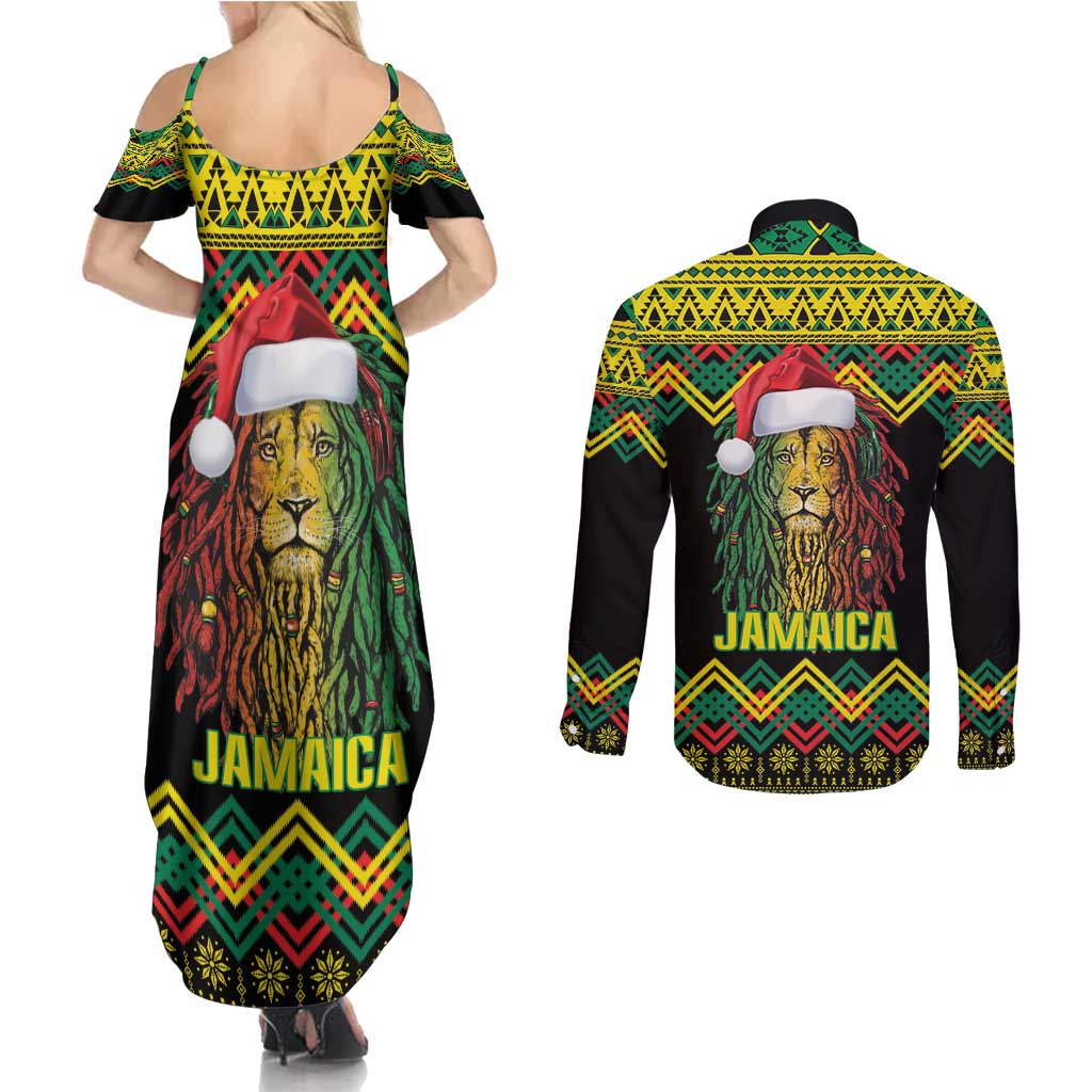 Jamaica Reggae Lion Christmas Couples Matching Summer Maxi Dress and Long Sleeve Button Shirt Kente Pattern Meri Krismiss - Wonder Print Shop