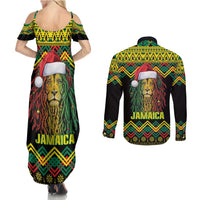 Jamaica Reggae Lion Christmas Couples Matching Summer Maxi Dress and Long Sleeve Button Shirt Kente Pattern Meri Krismiss - Wonder Print Shop