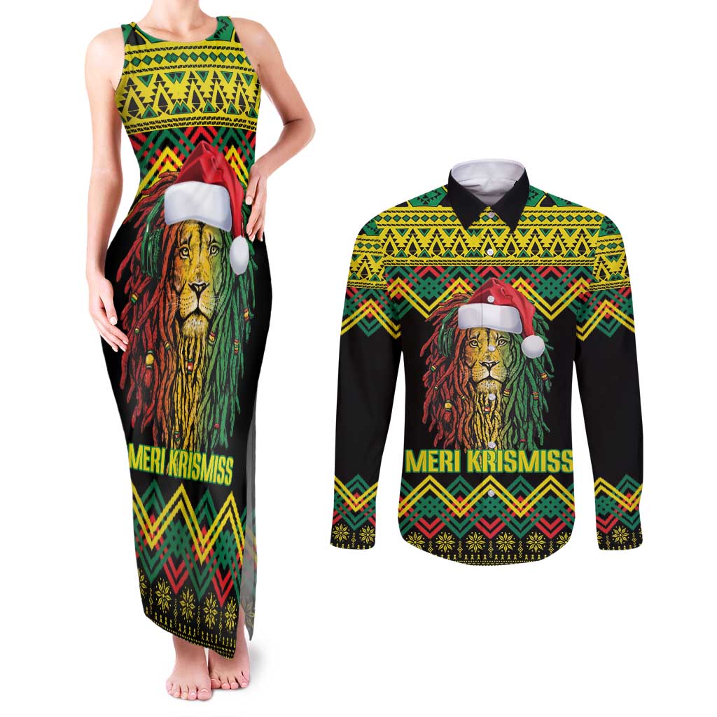 Jamaica Reggae Lion Christmas Couples Matching Tank Maxi Dress and Long Sleeve Button Shirt Kente Pattern Meri Krismiss - Wonder Print Shop