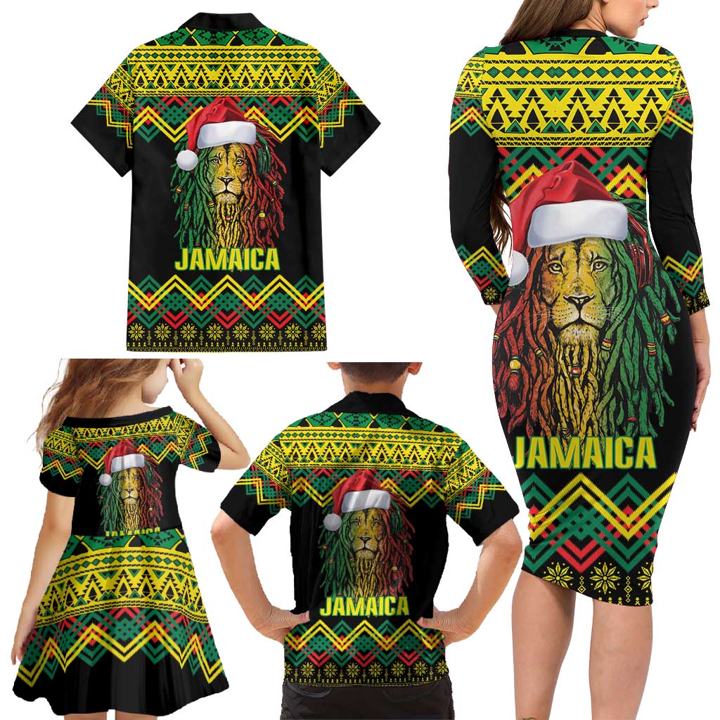 Jamaica Reggae Lion Christmas Family Matching Long Sleeve Bodycon Dress and Hawaiian Shirt Kente Pattern Meri Krismiss - Wonder Print Shop