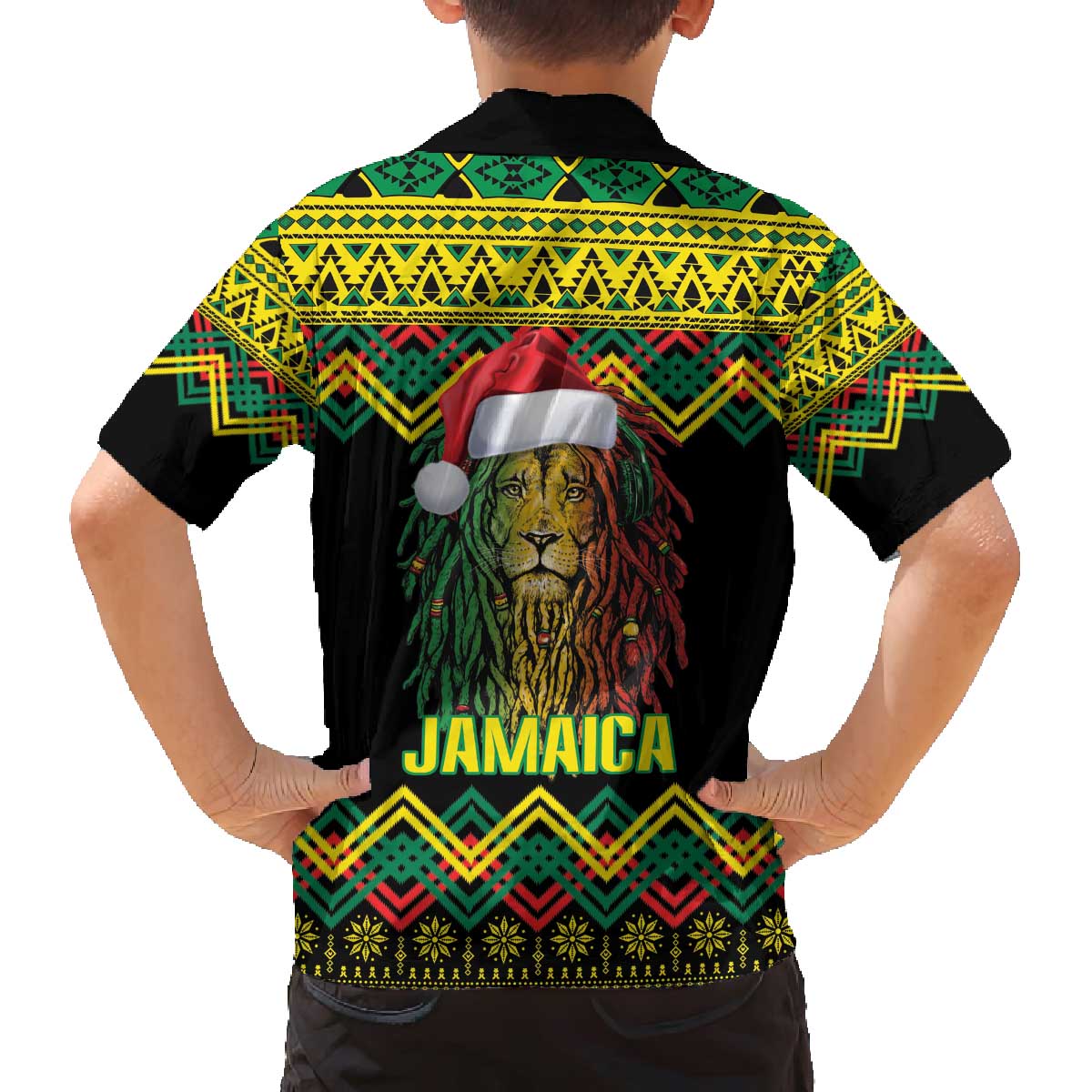 Jamaica Reggae Lion Christmas Family Matching Off The Shoulder Long Sleeve Dress and Hawaiian Shirt Kente Pattern Meri Krismiss - Wonder Print Shop