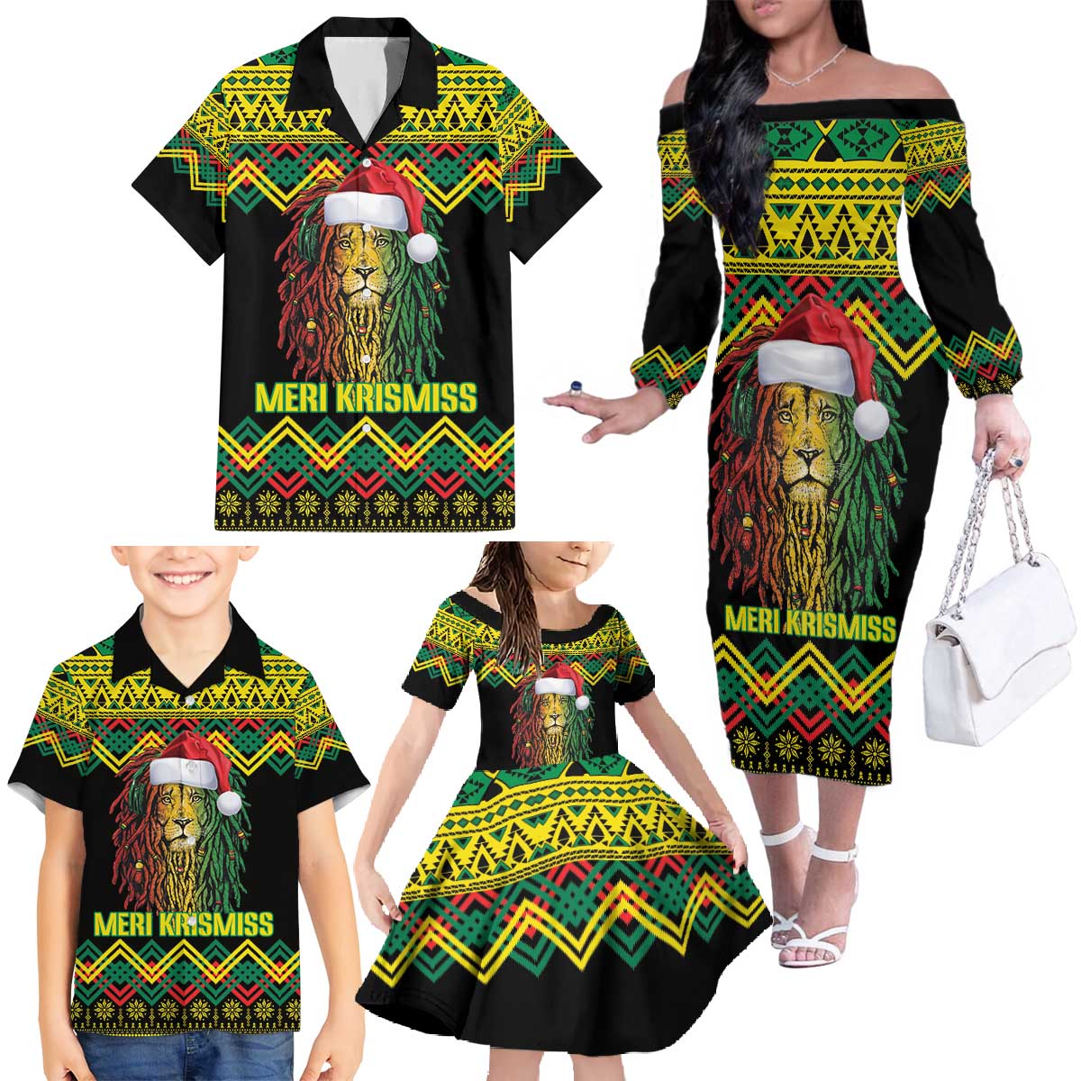 Jamaica Reggae Lion Christmas Family Matching Off The Shoulder Long Sleeve Dress and Hawaiian Shirt Kente Pattern Meri Krismiss - Wonder Print Shop