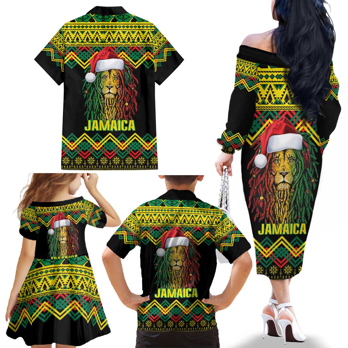 Jamaica Reggae Lion Christmas Family Matching Off The Shoulder Long Sleeve Dress and Hawaiian Shirt Kente Pattern Meri Krismiss - Wonder Print Shop