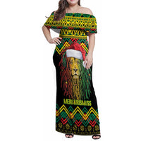 Jamaica Reggae Lion Christmas Family Matching Off Shoulder Maxi Dress and Hawaiian Shirt Kente Pattern Meri Krismiss - Wonder Print Shop