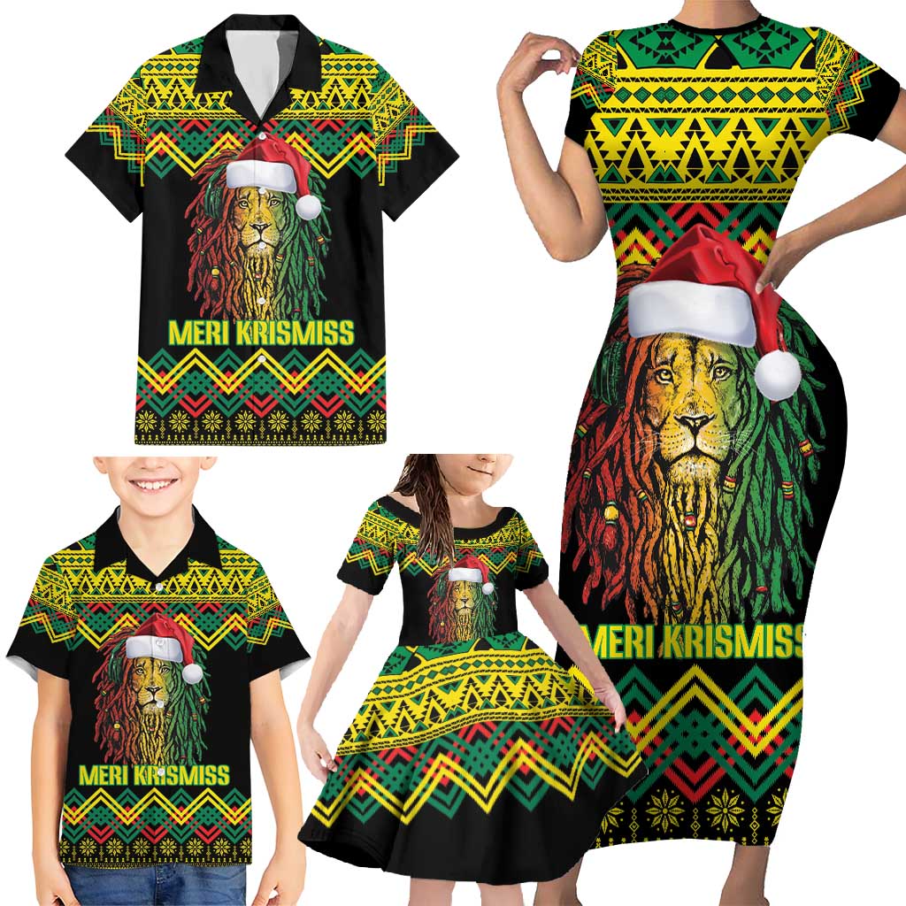 Jamaica Reggae Lion Christmas Family Matching Short Sleeve Bodycon Dress and Hawaiian Shirt Kente Pattern Meri Krismiss - Wonder Print Shop