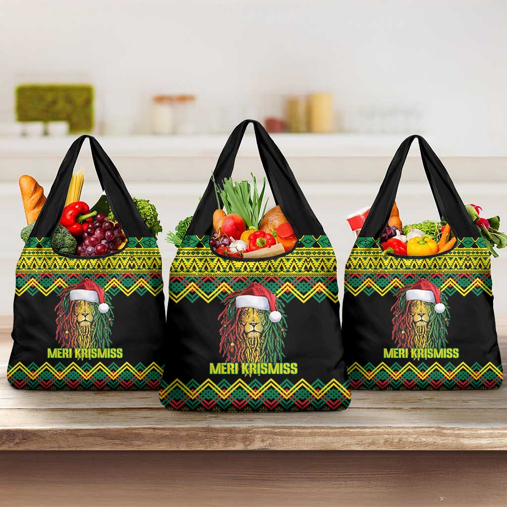Jamaica Reggae Lion Christmas Grocery Bag Kente Pattern Meri Krismiss