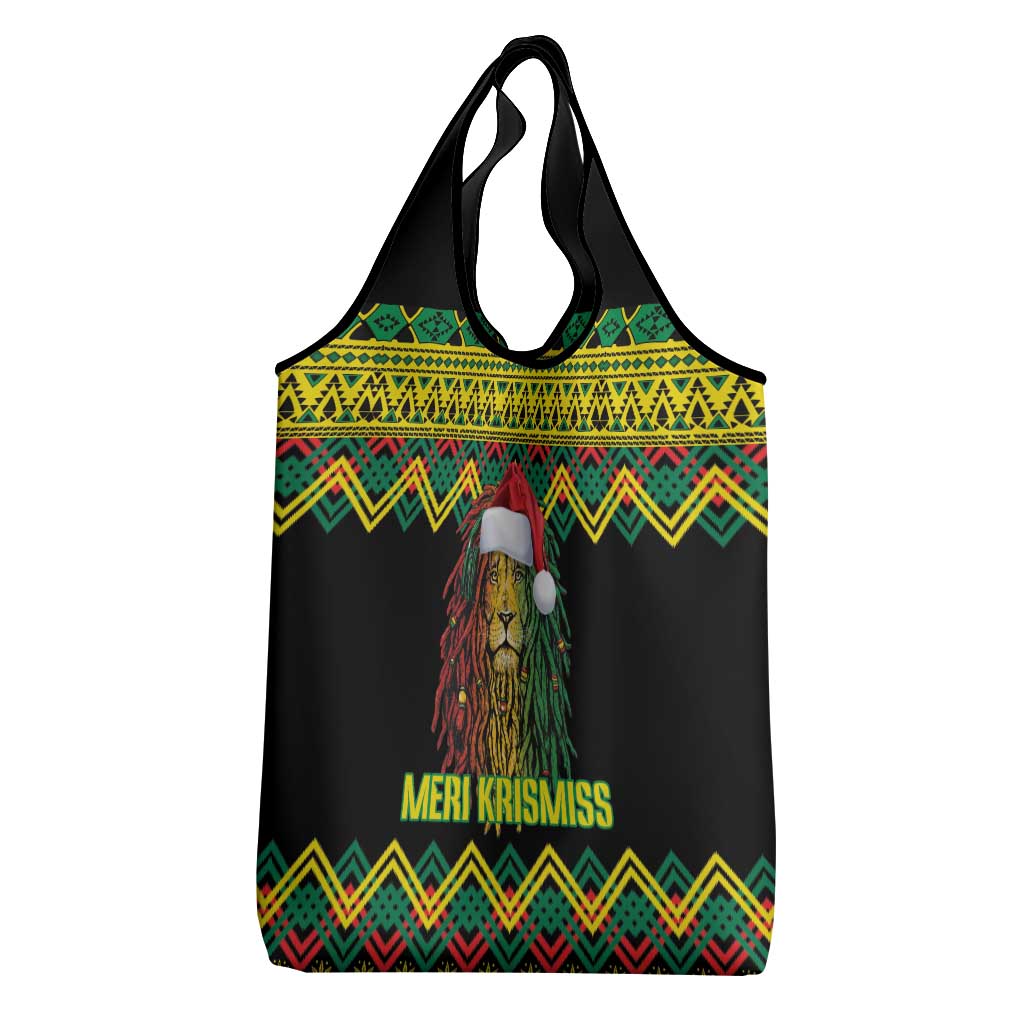 Jamaica Reggae Lion Christmas Grocery Bag Kente Pattern Meri Krismiss