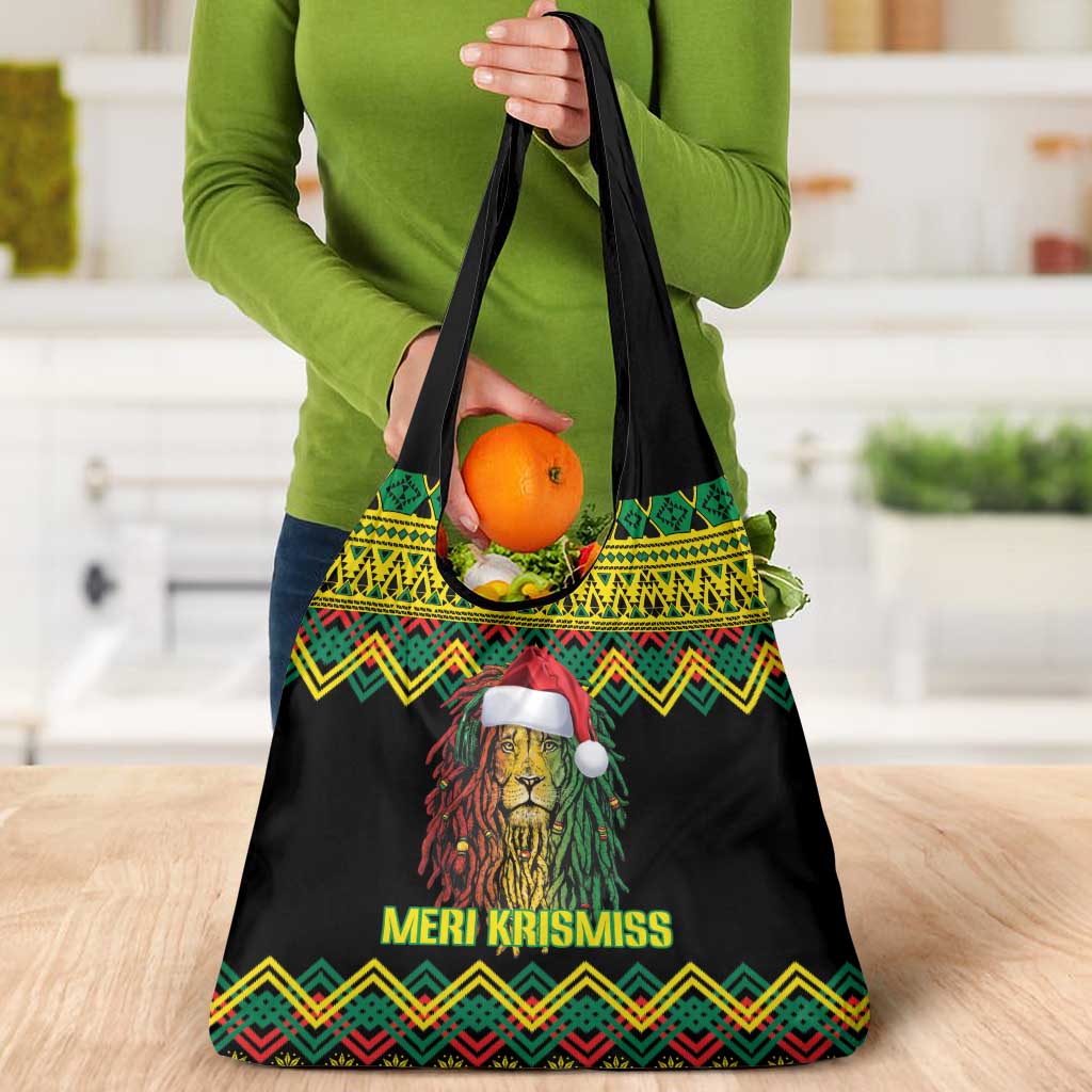 Jamaica Reggae Lion Christmas Grocery Bag Kente Pattern Meri Krismiss