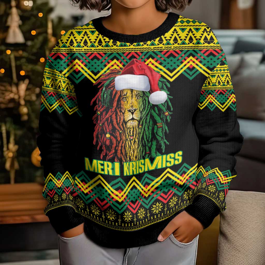 Jamaica Reggae Lion Christmas Kid Ugly Christmas Sweater Kente Pattern Meri Krismiss - Wonder Print Shop
