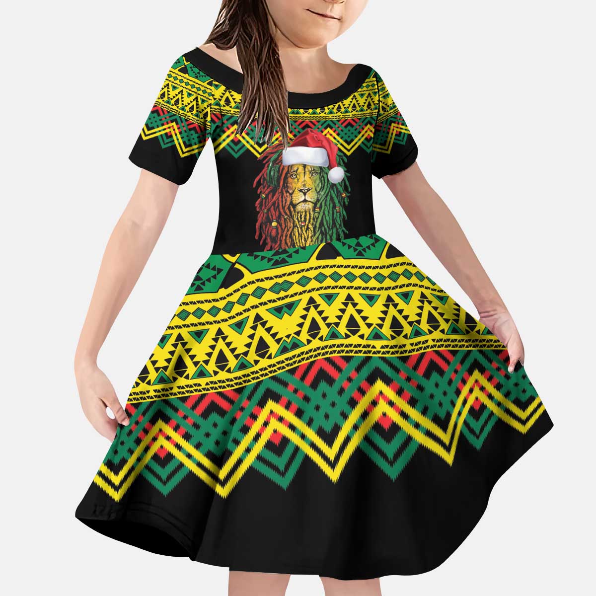 Jamaica Reggae Lion Christmas Kid Short Sleeve Dress Kente Pattern Meri Krismiss - Wonder Print Shop
