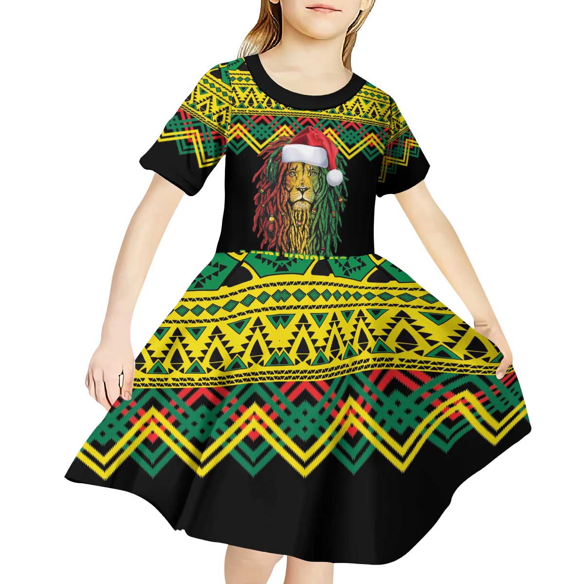 Jamaica Reggae Lion Christmas Kid Short Sleeve Dress Kente Pattern Meri Krismiss - Wonder Print Shop