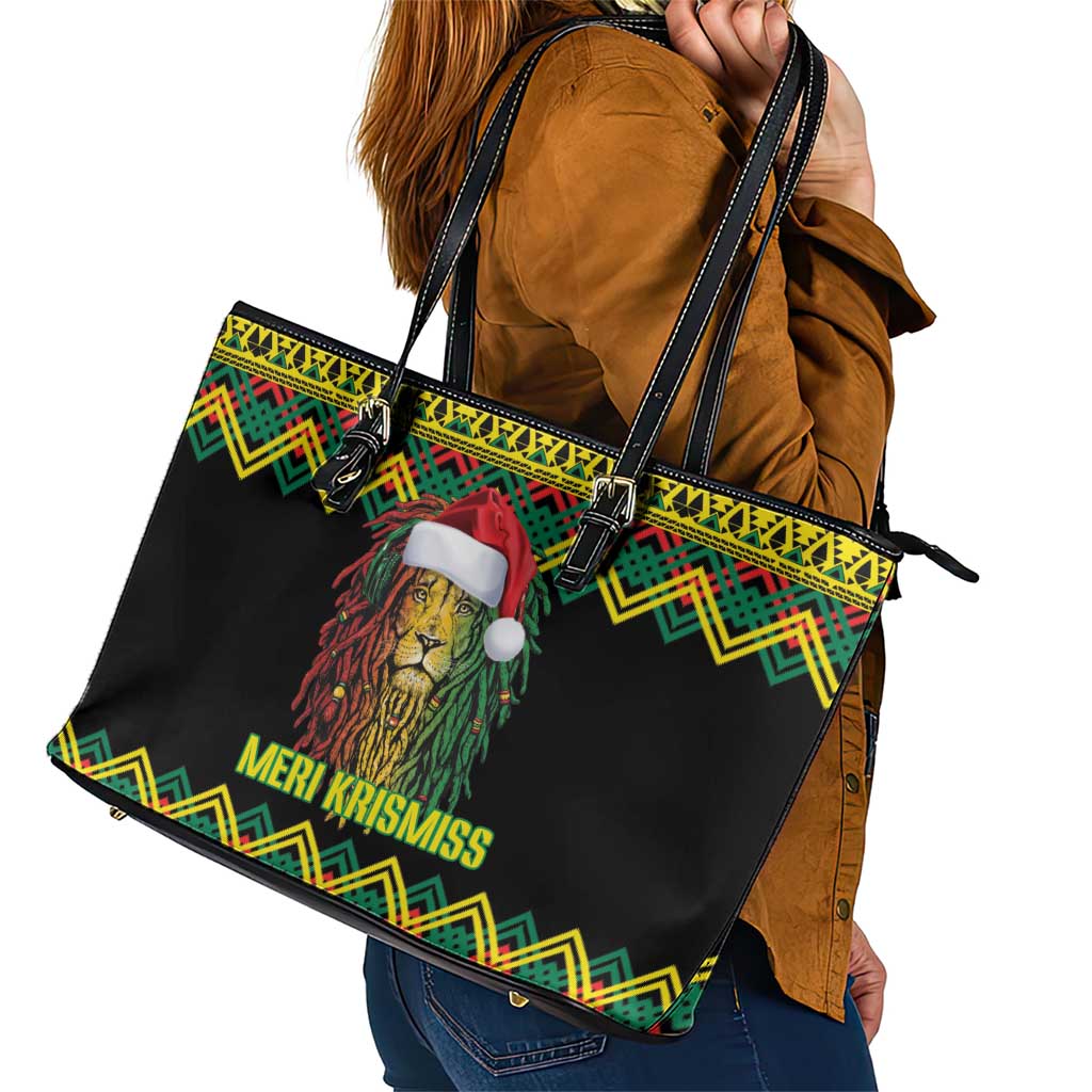 Jamaica Reggae Lion Christmas Leather Tote Bag Kente Pattern Meri Krismiss - Wonder Print Shop