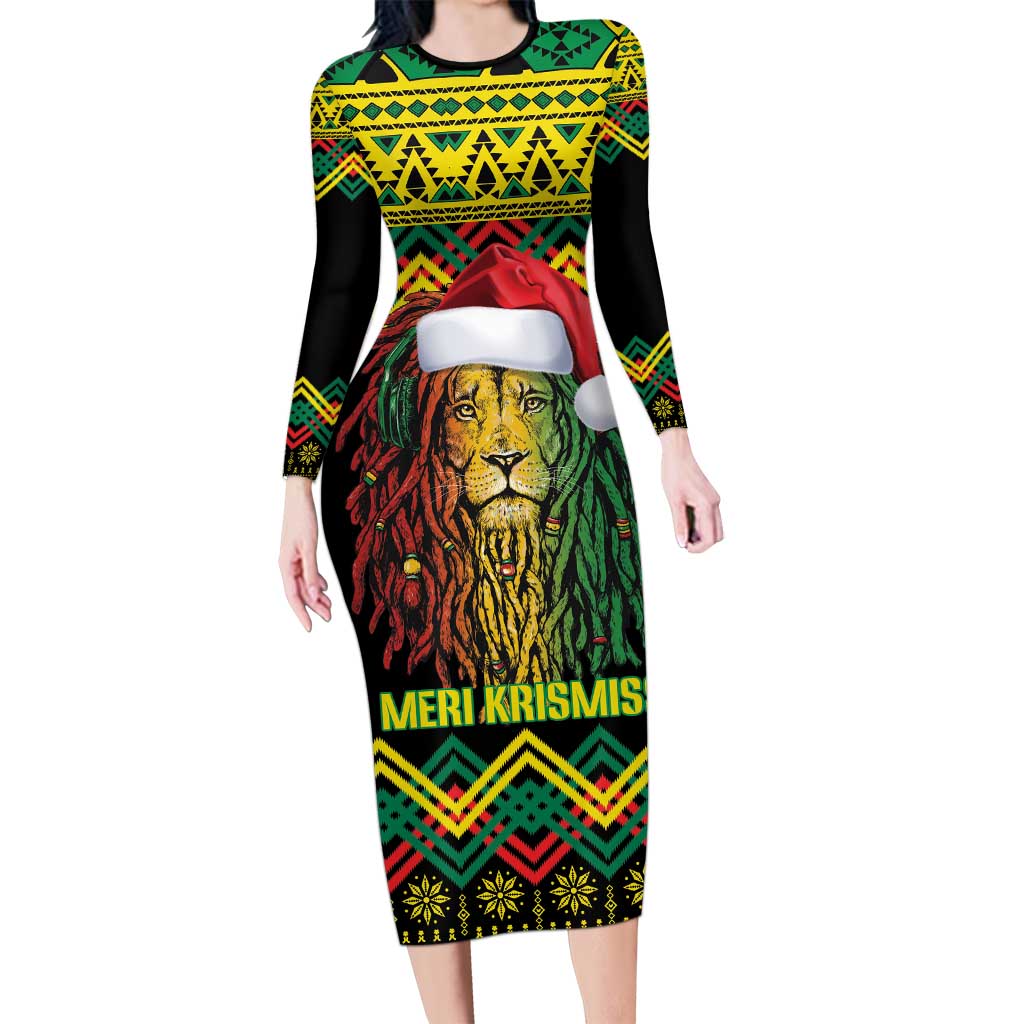 Jamaica Reggae Lion Christmas Long Sleeve Bodycon Dress Kente Pattern Meri Krismiss - Wonder Print Shop