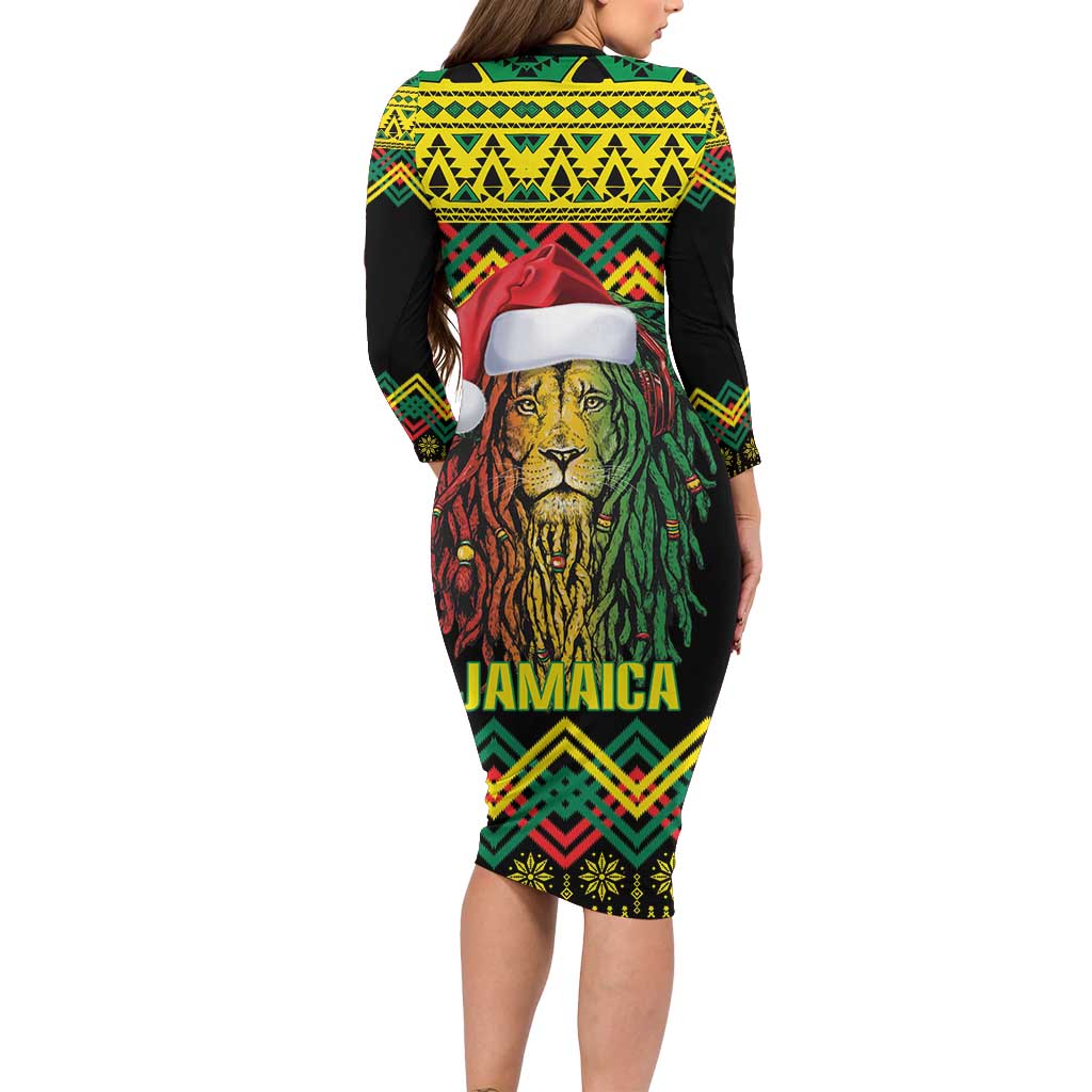 Jamaica Reggae Lion Christmas Long Sleeve Bodycon Dress Kente Pattern Meri Krismiss - Wonder Print Shop