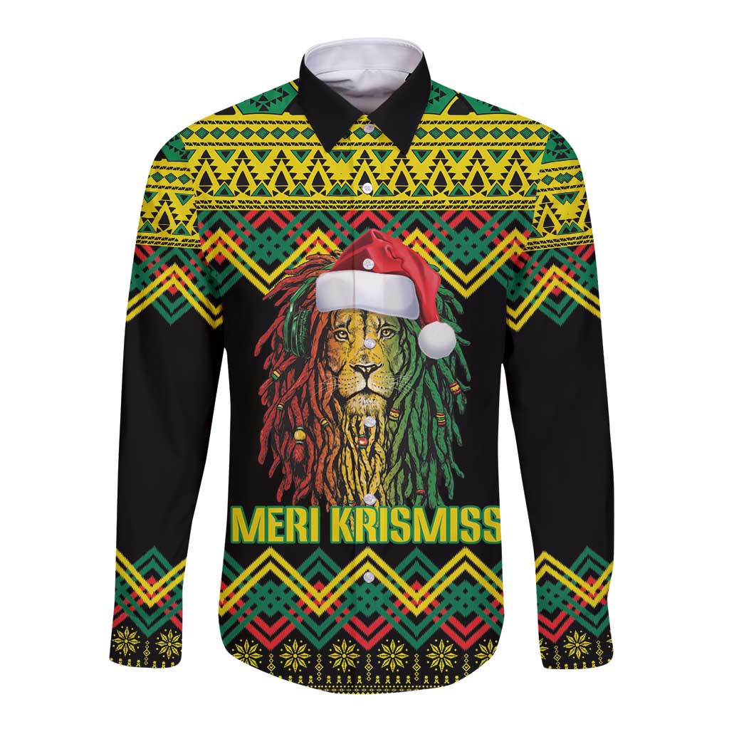 Jamaica Reggae Lion Christmas Long Sleeve Button Shirt Kente Pattern Meri Krismiss - Wonder Print Shop