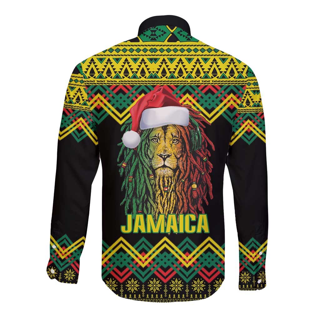 Jamaica Reggae Lion Christmas Long Sleeve Button Shirt Kente Pattern Meri Krismiss - Wonder Print Shop