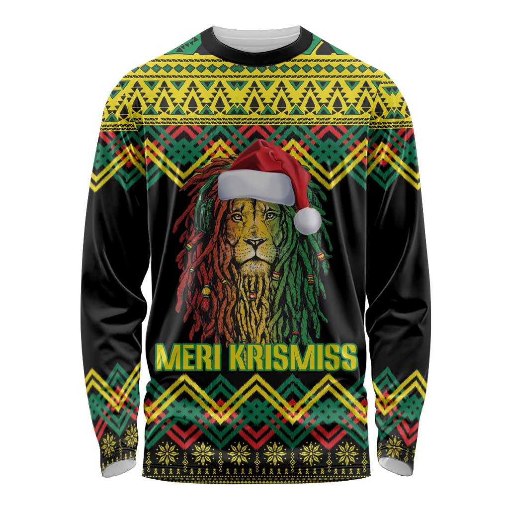Jamaica Reggae Lion Christmas Long Sleeve Shirt Kente Pattern Meri Krismiss - Wonder Print Shop