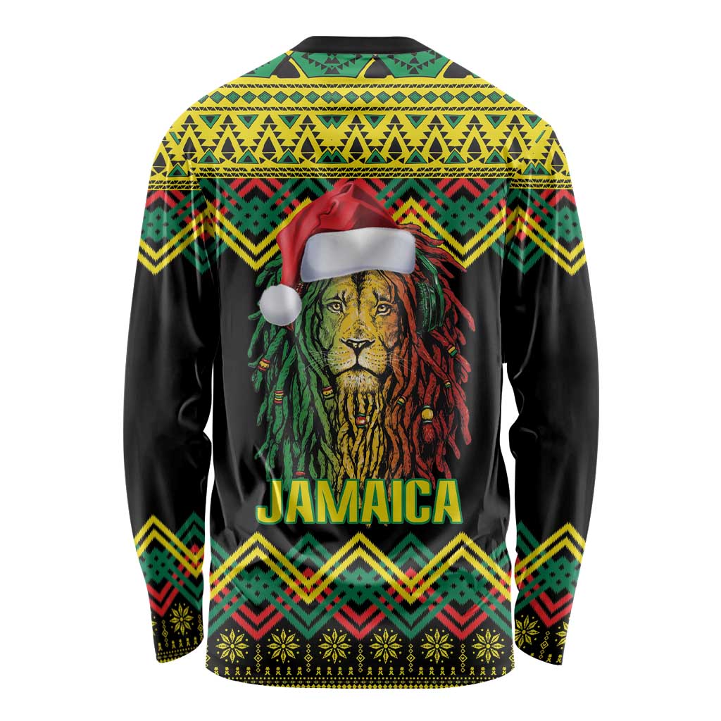 Jamaica Reggae Lion Christmas Long Sleeve Shirt Kente Pattern Meri Krismiss - Wonder Print Shop