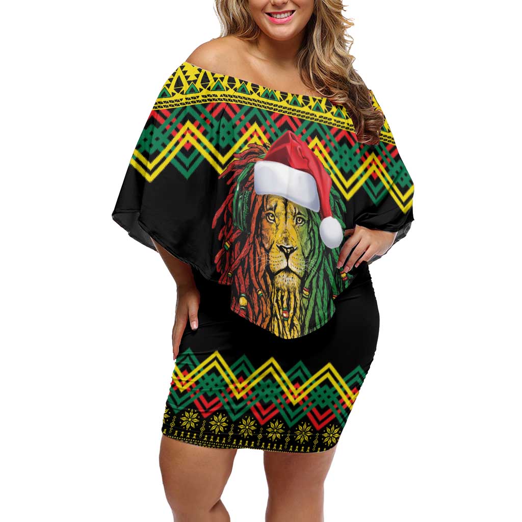 Jamaica Reggae Lion Christmas Off Shoulder Short Dress Kente Pattern Meri Krismiss - Wonder Print Shop