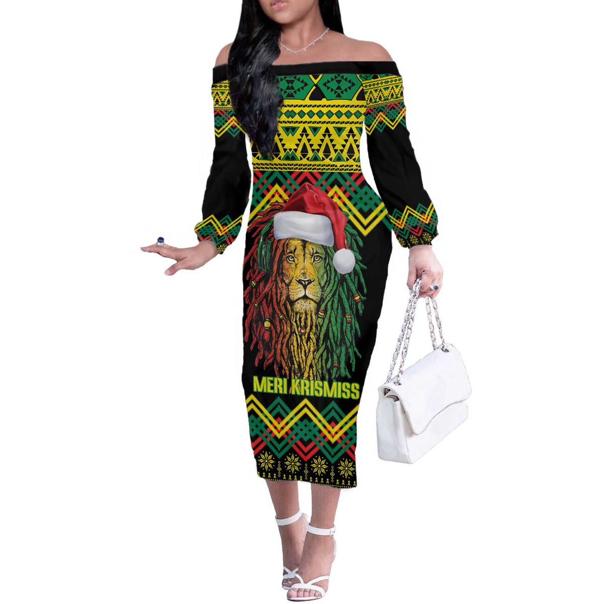 Jamaica Reggae Lion Christmas Off The Shoulder Long Sleeve Dress Kente Pattern Meri Krismiss - Wonder Print Shop