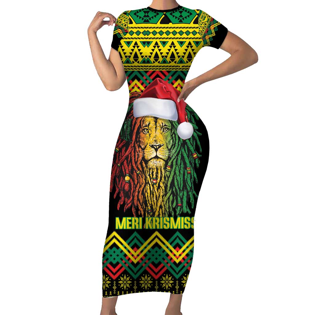 Jamaica Reggae Lion Christmas Short Sleeve Bodycon Dress Kente Pattern Meri Krismiss - Wonder Print Shop