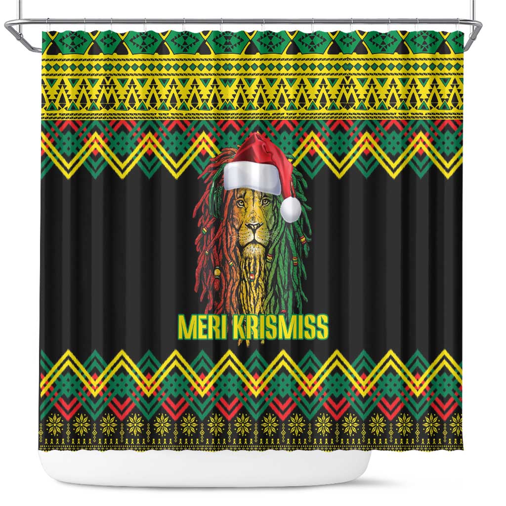 Jamaica Reggae Lion Christmas Shower Curtain Kente Pattern Meri Krismiss