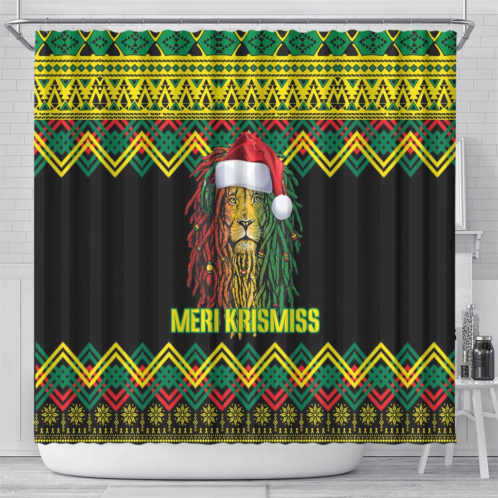 Jamaica Reggae Lion Christmas Shower Curtain Kente Pattern Meri Krismiss
