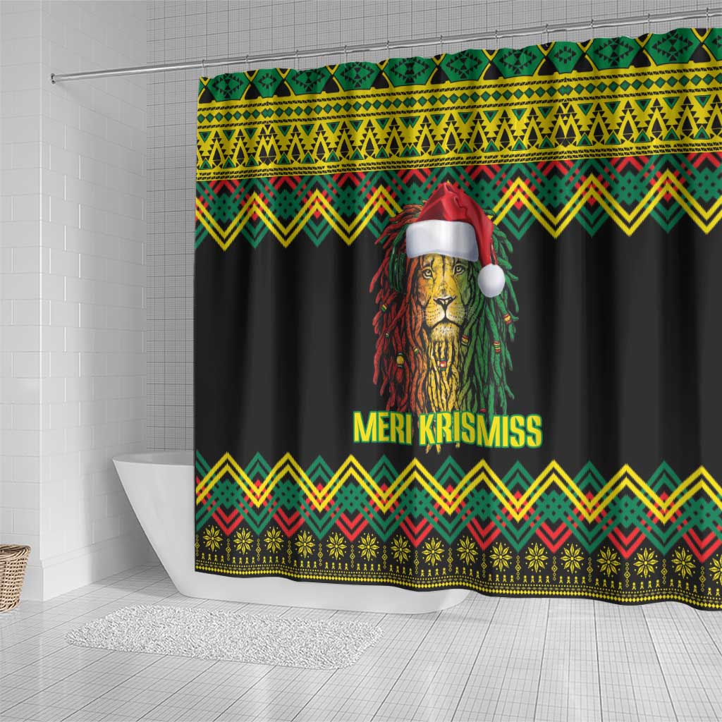 Jamaica Reggae Lion Christmas Shower Curtain Kente Pattern Meri Krismiss