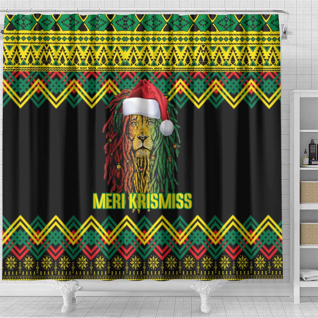 Jamaica Reggae Lion Christmas Shower Curtain Kente Pattern Meri Krismiss