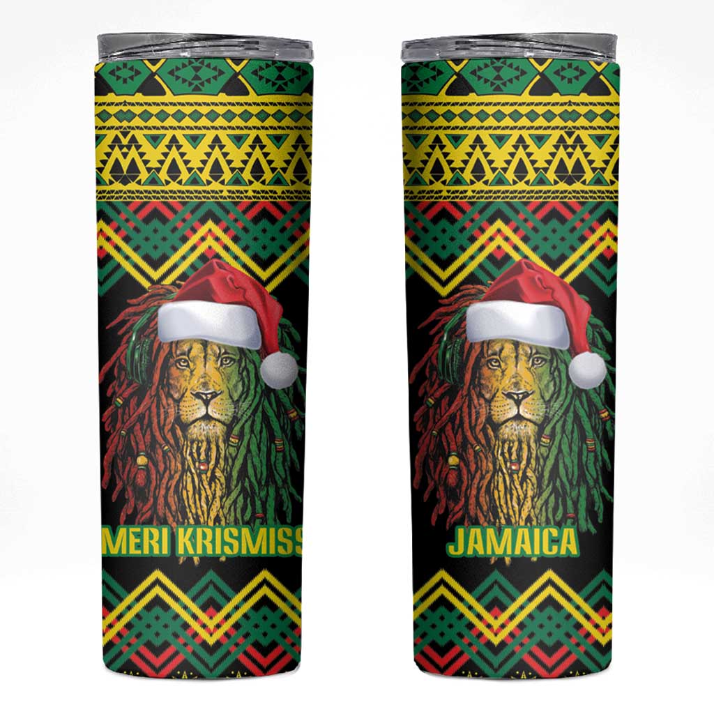 Jamaica Reggae Lion Christmas Skinny Tumbler Kente Pattern Meri Krismiss - Wonder Print Shop