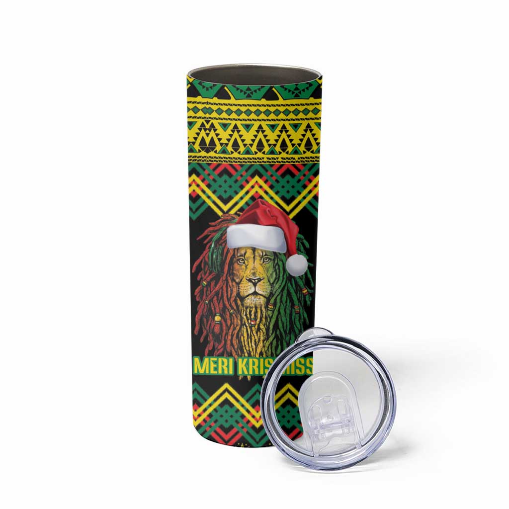 Jamaica Reggae Lion Christmas Skinny Tumbler Kente Pattern Meri Krismiss - Wonder Print Shop