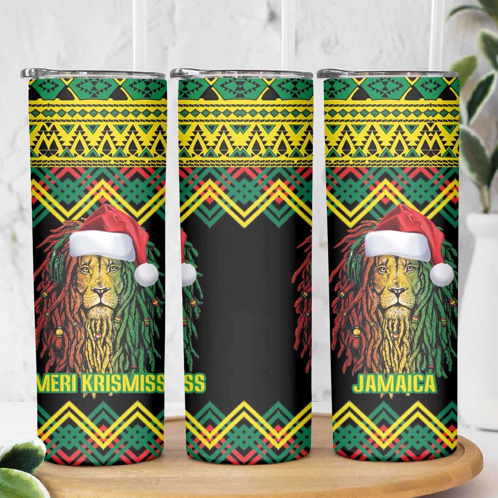 Jamaica Reggae Lion Christmas Skinny Tumbler Kente Pattern Meri Krismiss - Wonder Print Shop