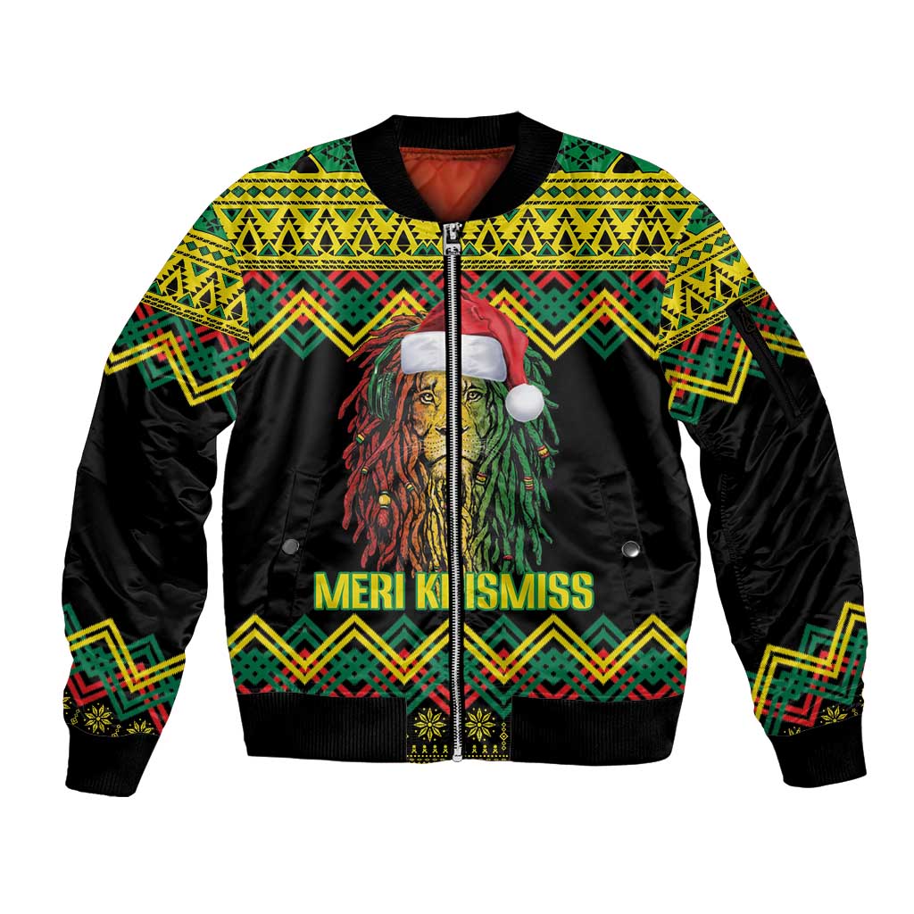 Jamaica Reggae Lion Christmas Sleeve Zip Bomber Jacket Kente Pattern Meri Krismiss - Wonder Print Shop