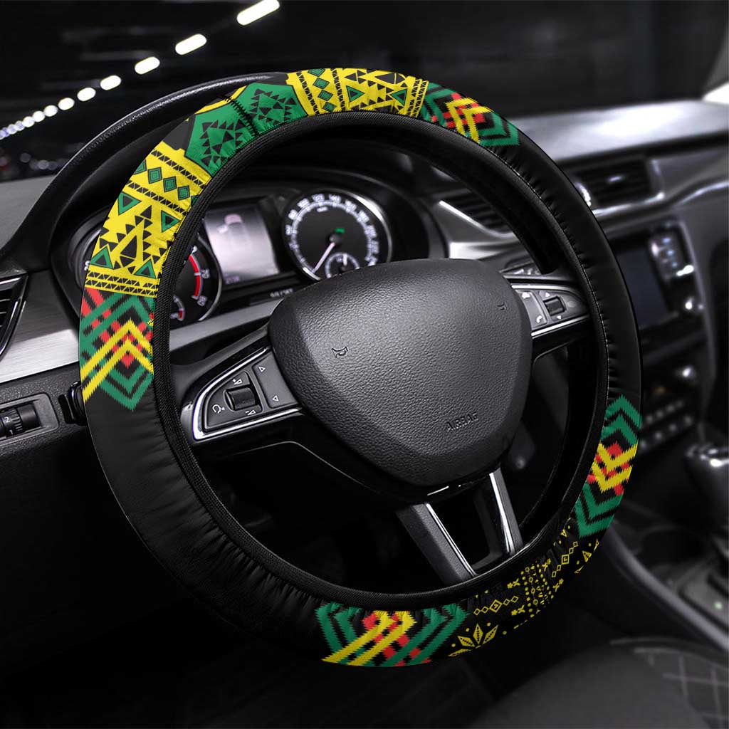 Jamaica Reggae Lion Christmas Steering Wheel Cover Kente Pattern Meri Krismiss - Wonder Print Shop