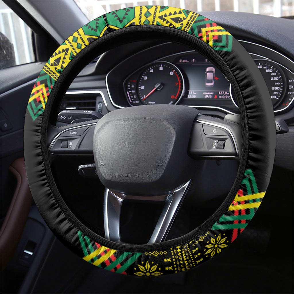 Jamaica Reggae Lion Christmas Steering Wheel Cover Kente Pattern Meri Krismiss - Wonder Print Shop