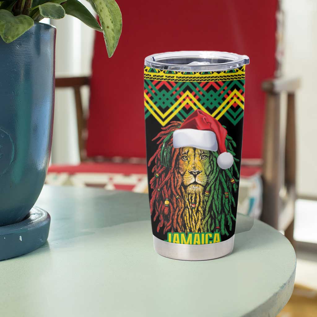 Jamaica Reggae Lion Christmas Tumbler Cup Kente Pattern Meri Krismiss - Wonder Print Shop