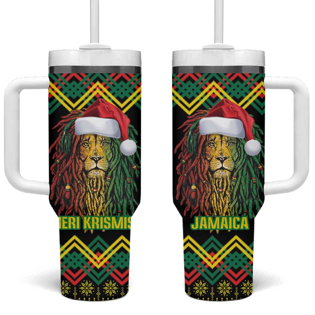 Jamaica Reggae Lion Christmas Tumbler With Handle Kente Pattern Meri Krismiss - Wonder Print Shop