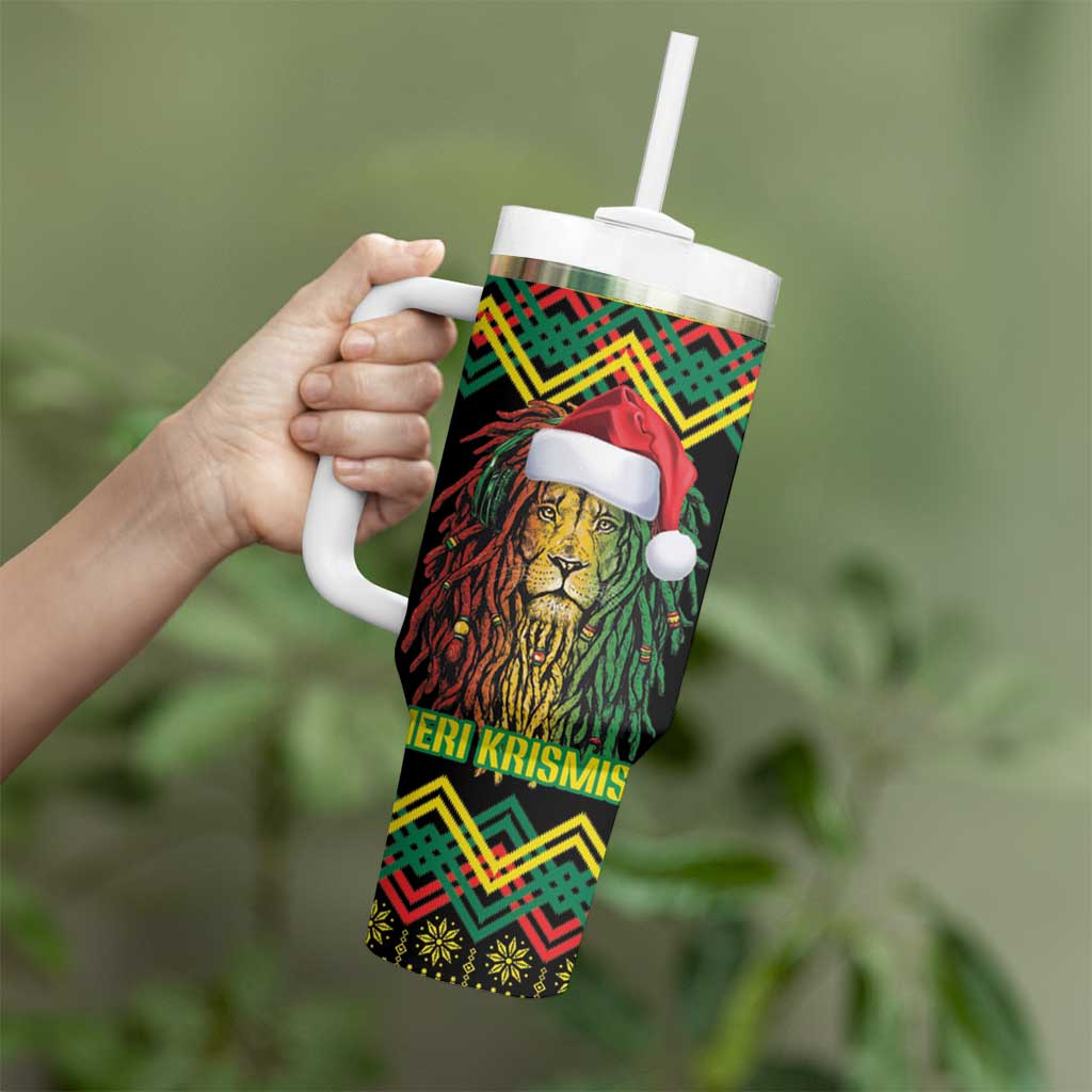 Jamaica Reggae Lion Christmas Tumbler With Handle Kente Pattern Meri Krismiss - Wonder Print Shop